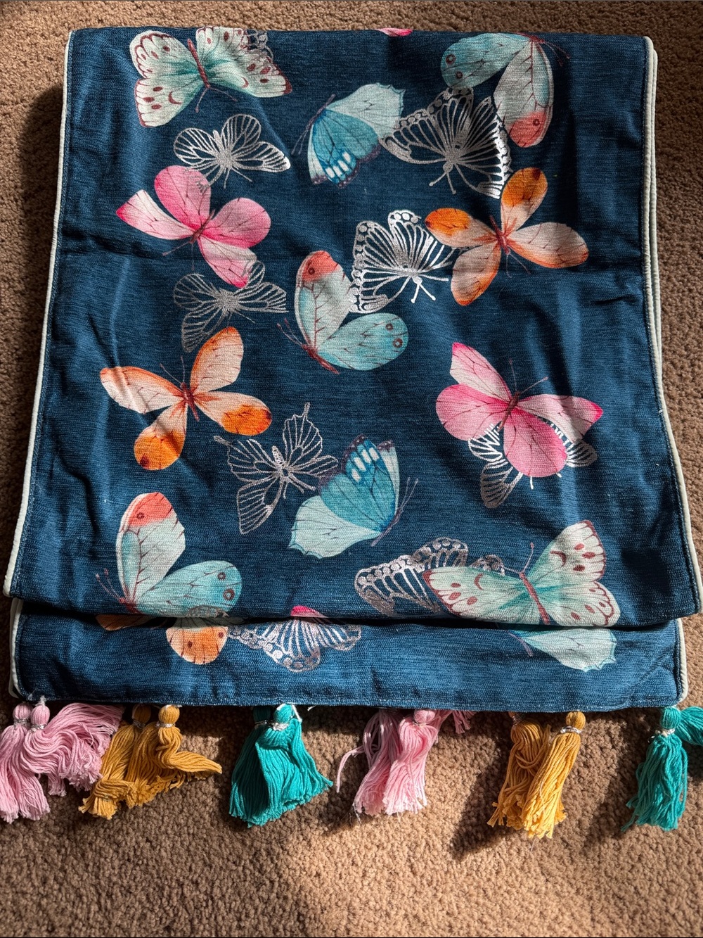 Nicole Miller Navy Butterfly Table Runner with Pink Teal Orange Tassel 72” EUC